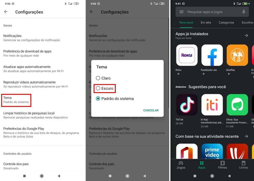 Como usar o modo escuro da Google Play Store