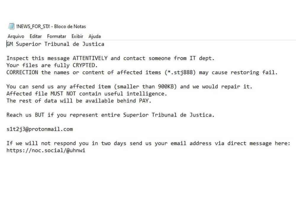 Bilhete do ataque ransomware contra o STJ