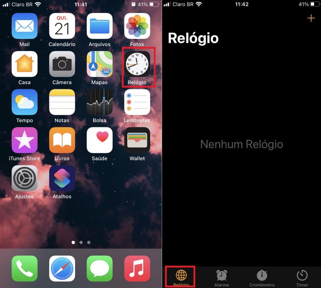 Captura de tela do iPhone mostra funcionamento do app Relógio