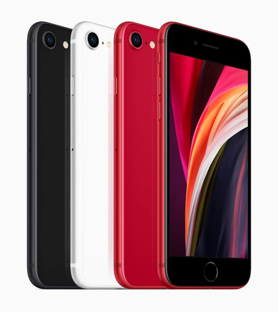iPhone SE em três cores: preta, branca e vermelha