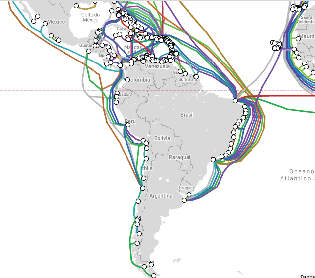 Cabos submarinos pela América Latina. Créditos: BNamericas