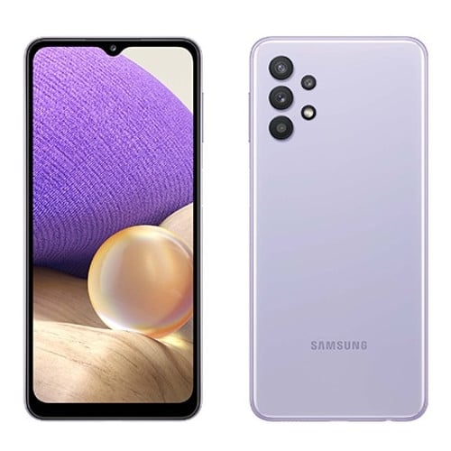 Frente e verso do Samsung Galaxy A32 5G na cor violeta