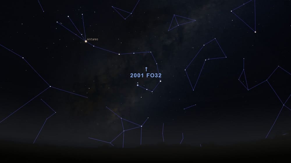 Localização do asteroide 2001 FO32 à meia-noite entre os dias 20 e 21 de março. Créditos: Stellarium 