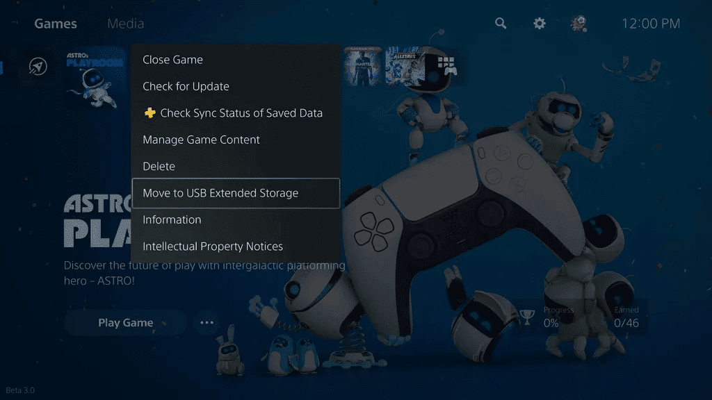 Imagem mostra nova opção do PlayStation 5, que permite o armazenamento de jogos em dispositivos USB