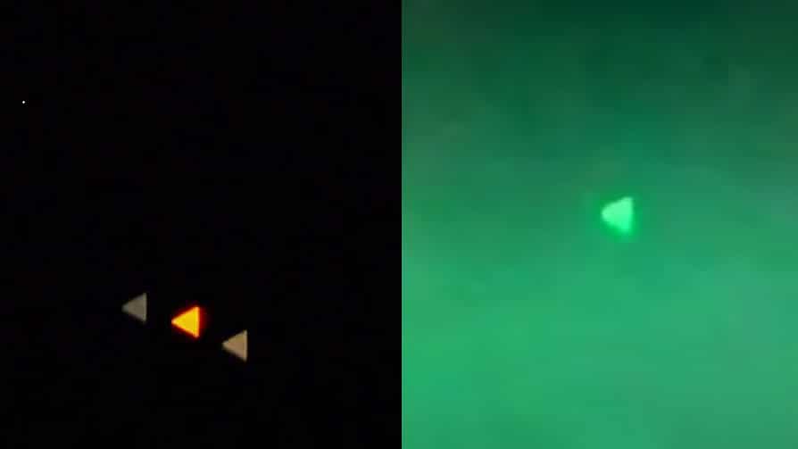 Frame do vídeo de um avião feito com o “dispositivo de gravação de OVNIs” (à esquerda) e frame do vídeo do suposto OVNI registrado na costa oeste americana (à direita)