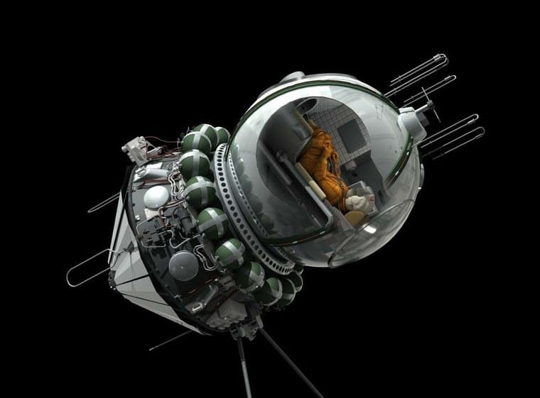 Ilustração mostrando a Vostok-1 com a cápsula de reentrada (esférica) à direita e o módulo de instrumentos com o retrofoguete à esquerda