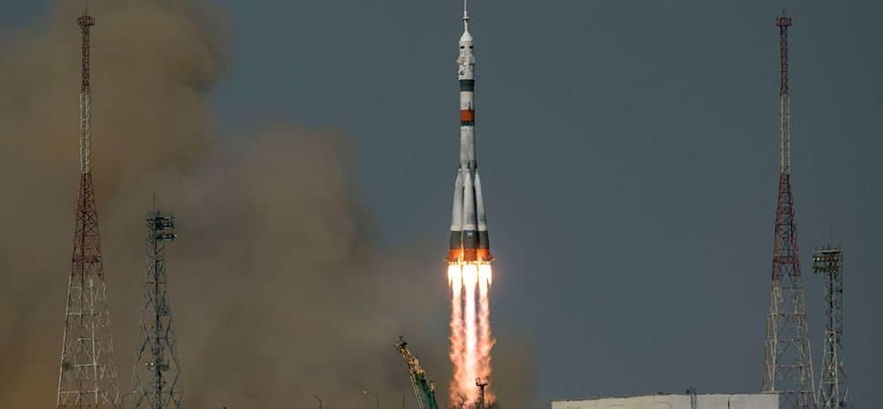Decolagem da missão Soyuz MS-18 em 9 de abril de 2021