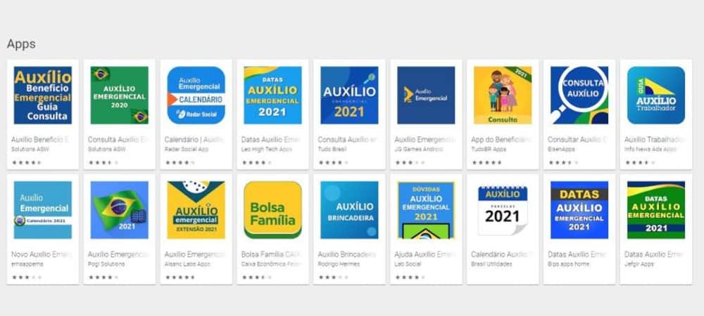 Alguns dos muitos apps na Google Play Store que prometem aos usuários informações sobre o auxílio emergencial