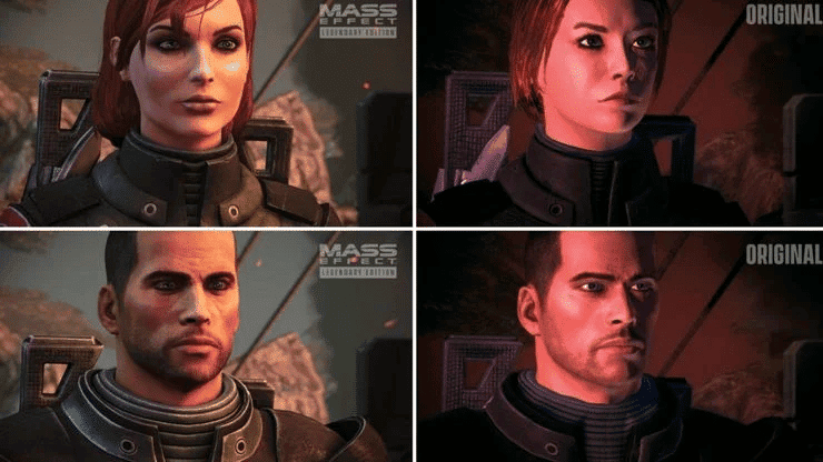 Imagem mostra comparativo de qualidade de imagem entre "Mass Effect: Legendary Edition" e suas versões originais