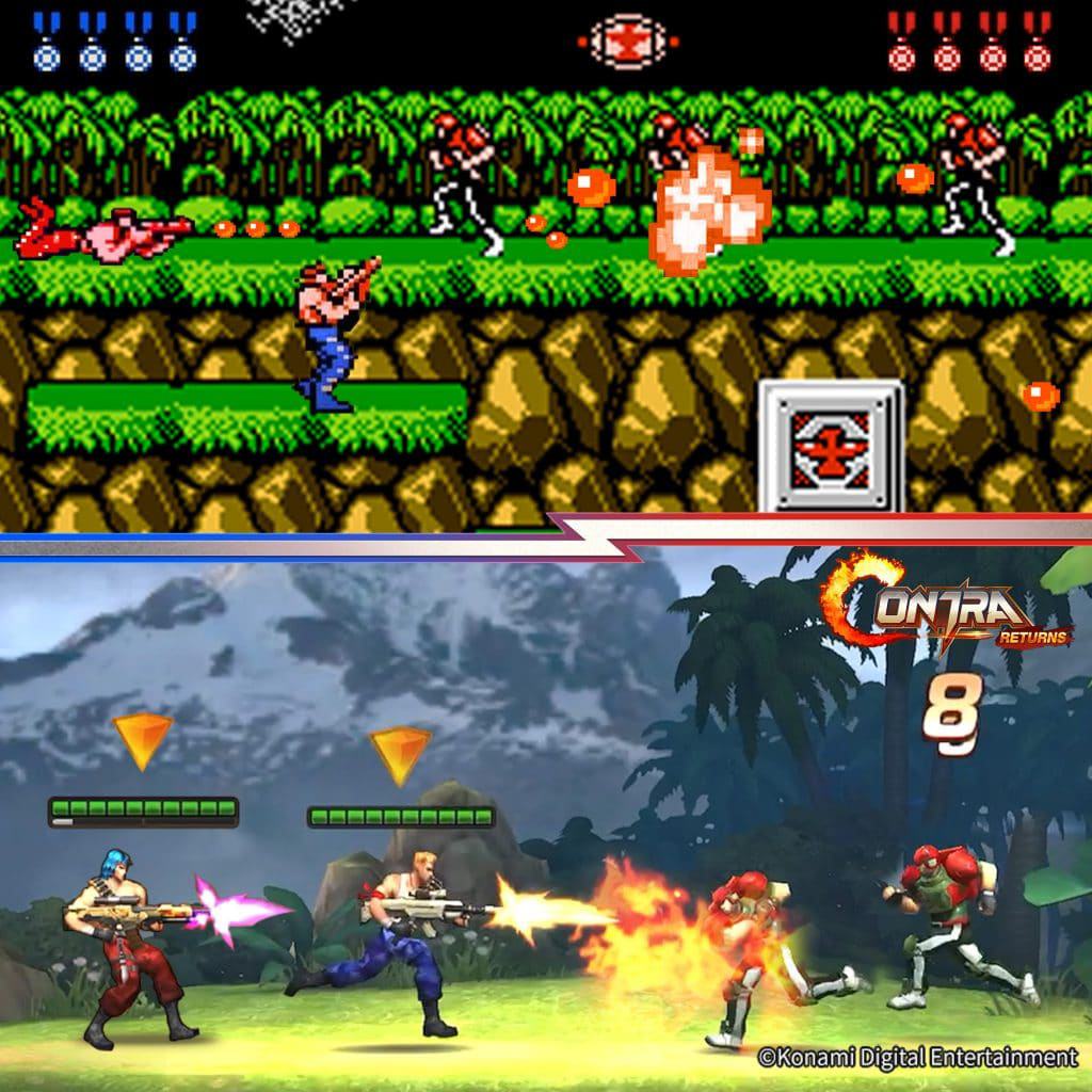 Imagem ilustrativa compara os gráficos de versões de Contra no NES (1987) e de smartphones (2021)