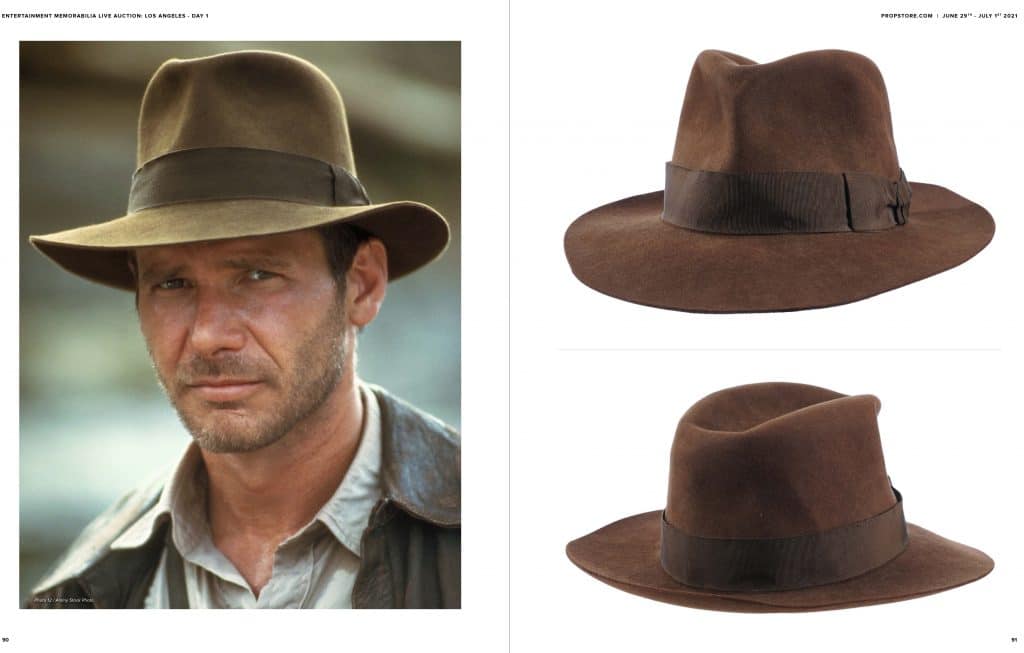 Harrison Ford em cena de Indiana Jones e o Templo da Perdição ao lado de imagens do chapéu utilizado pelo ator.