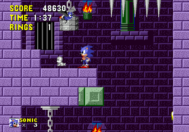 Imagem exibe Sonic na fase Marble Zone do primeiro jogo, de 1991.