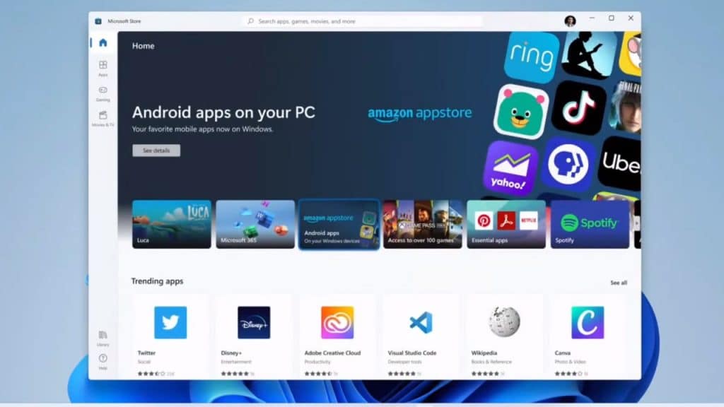 Imagem mostra uma loja virtual do Windows 11, disponibilizando apps de Android para download nativo no novo sistema operacional