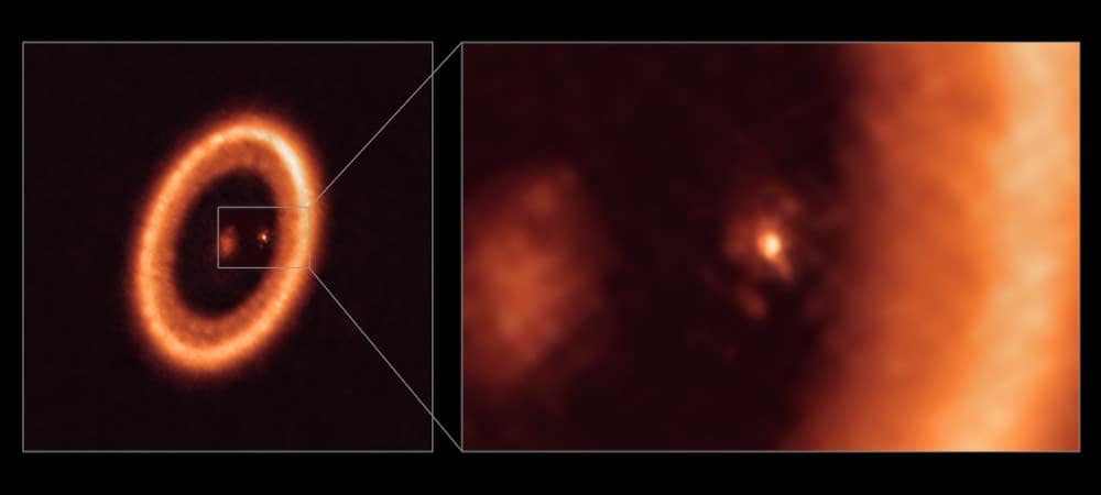 Sistema Estelar PDS 70, ainda em formação. No destaque o planeta PDS 70c e seu disco circumplanetário que pode levar à formação de luas