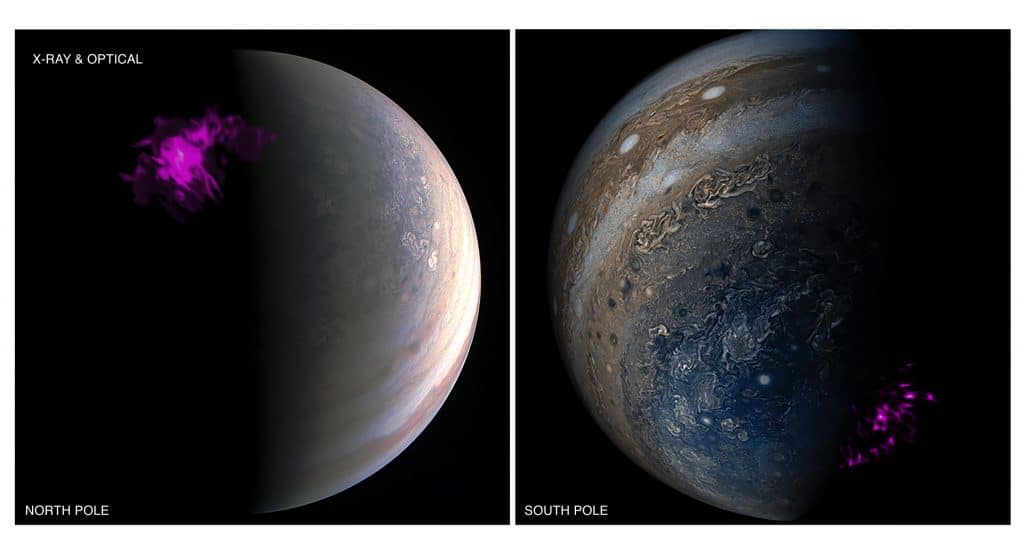 Imagem mostra as auroras de raios-x de Júpiter, evidenciadas em cor lilás
