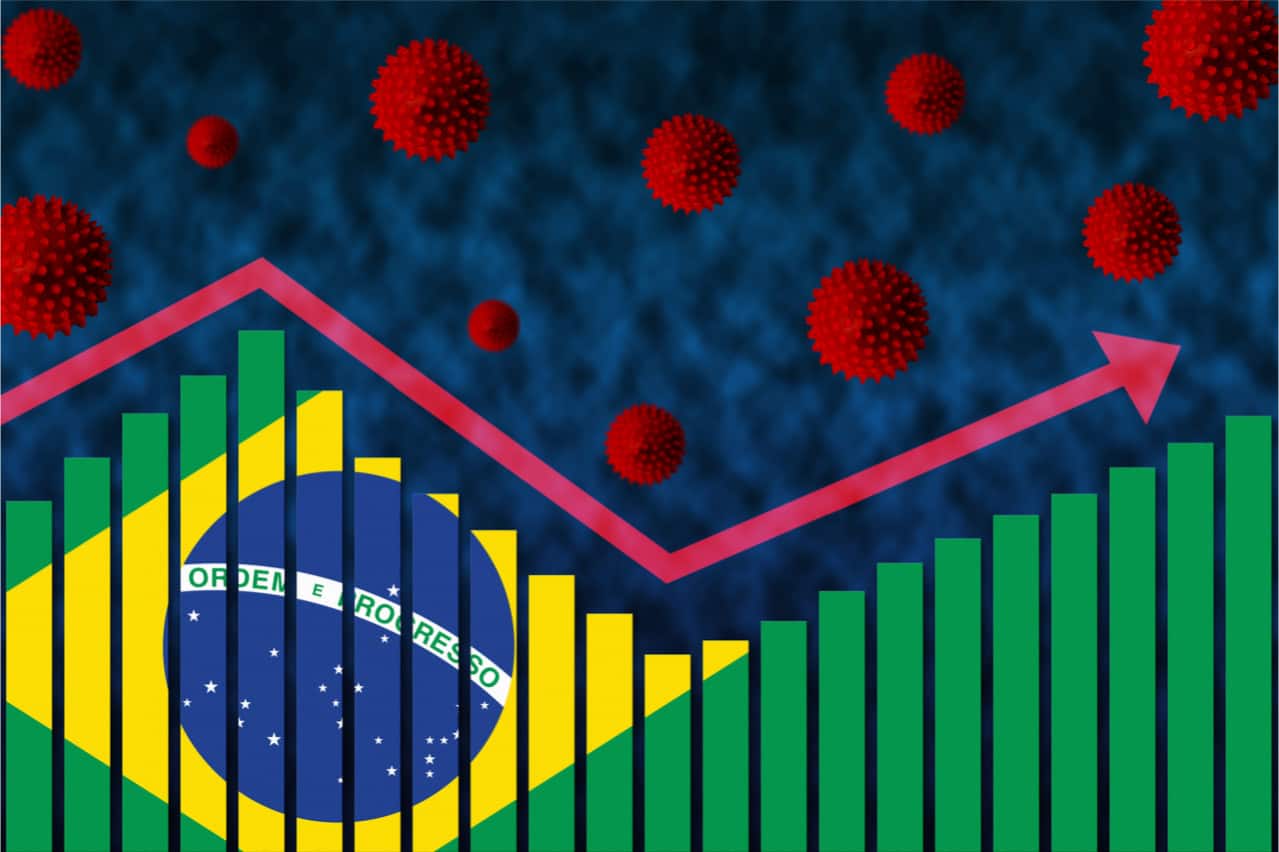 Imagem renderizada em 3D mostra gráfico que desenha a bandeira do Brasil, e acima dele, diversos desenhos simbolizando o vírus da Covid-19