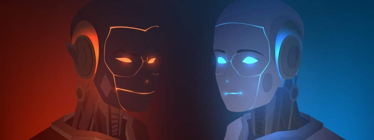 Ilustração mostra dois robôs - um azul, simbolizando o bem, e outro vermelho, simbolizando o mal