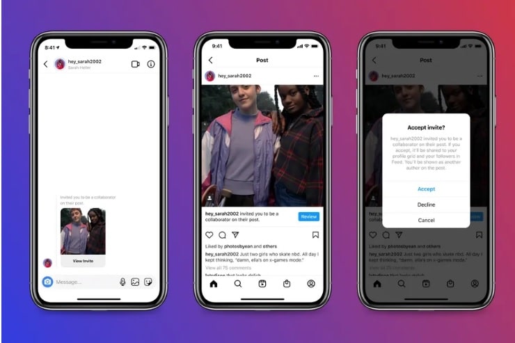 Collabs: nova ferramenta do Instagram permite que usuários sejam donos da mesma postagem. Imagem: Reproduçãp/Instagram