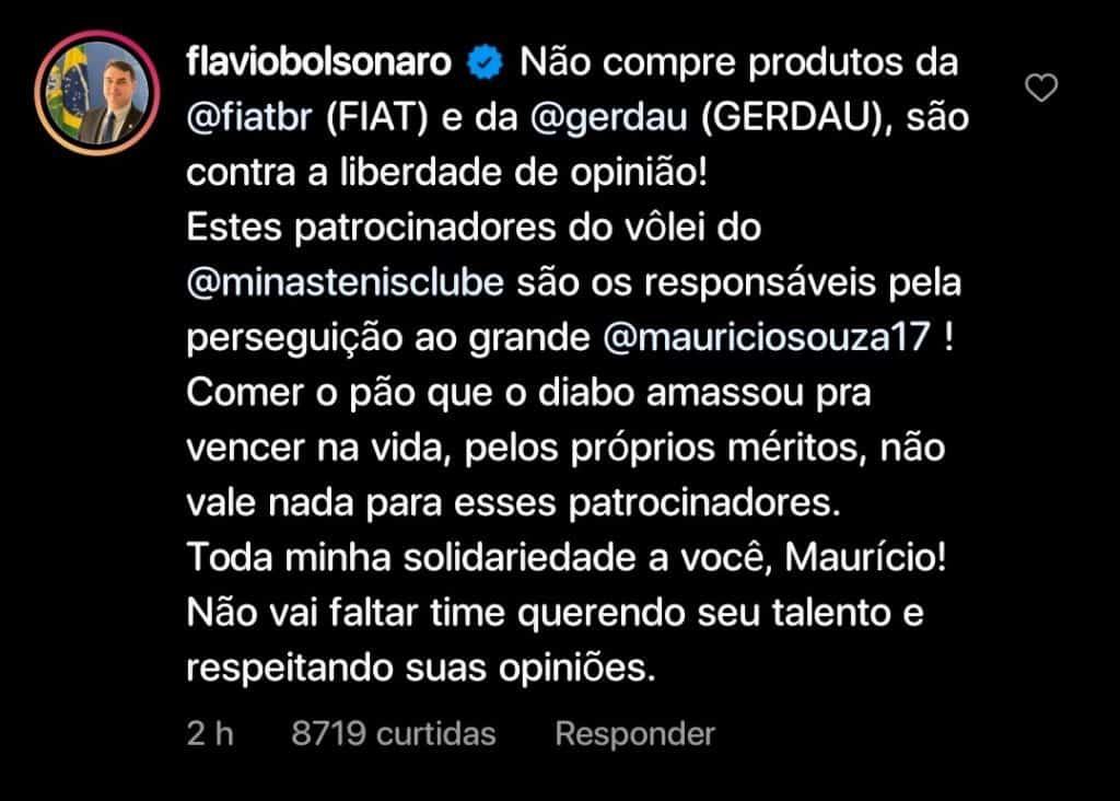 Post do senador Flávio Bolsonaro atacando Fiat e Gerdau