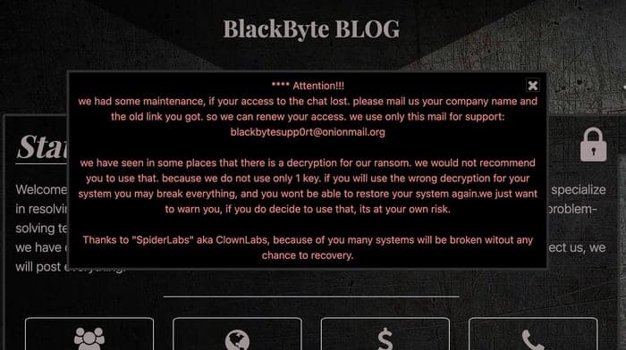 Mensagem dos hackers responsáveis pelo ransomware BlackByte