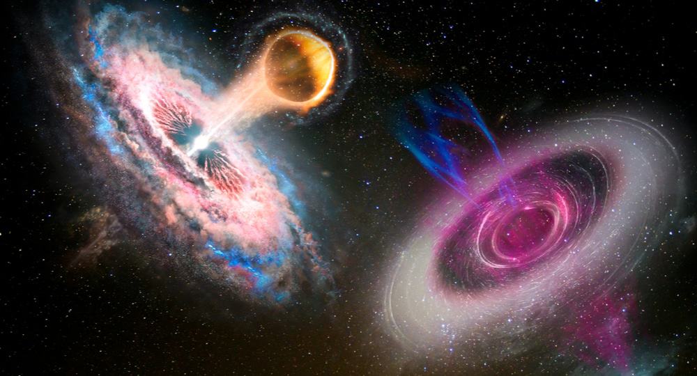 Ilustração mostra efeitos de luz decorrentes de dois buracos negros interagindo entre si