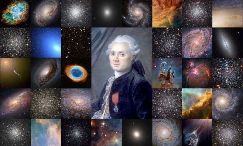 Charles Messier e alguns dos objetos do seu catálogo registrados pelo Telescópio Espacial Hubble