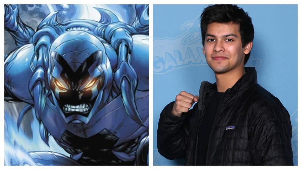 Montagem mostra o personagem "Besouro Azul", da DC Comics, e o ator Xolo Maridueña