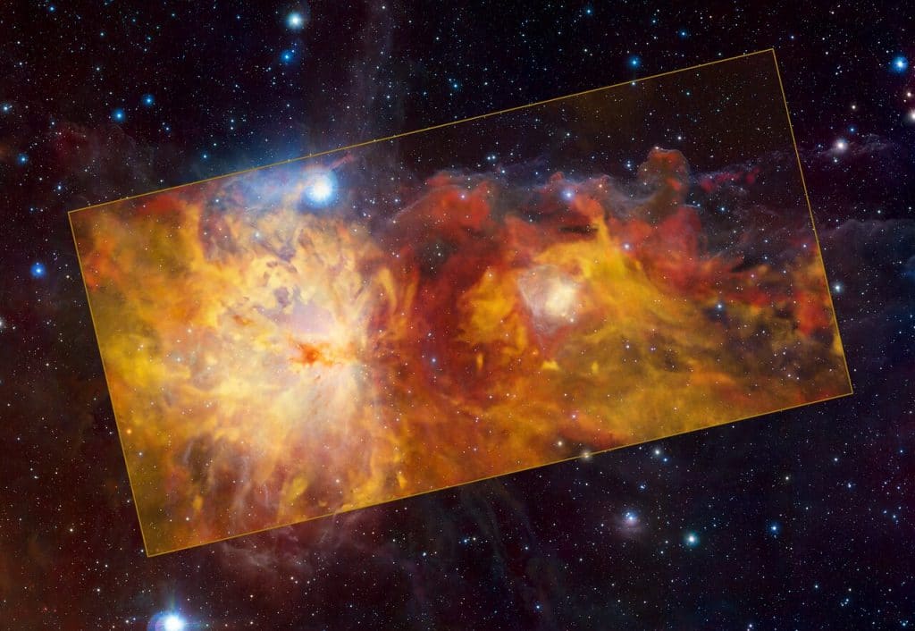 Imagem tem detalhe visual destacando a Nebulosa da Chama, na constelação de Órion
