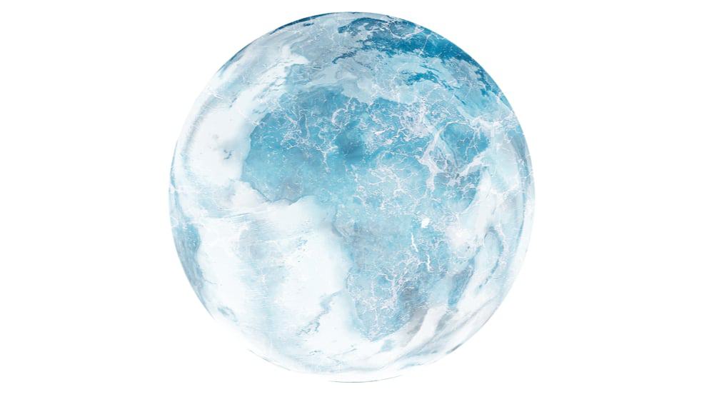 Gambar menunjukkan sebuah planet dengan warna es, melambangkan Bumi yang mendingin.