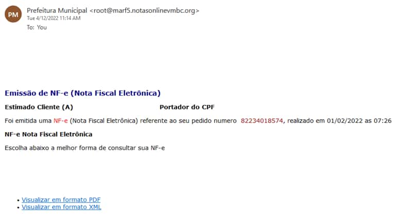 Captura de tela com e-mail falso de prefeitura