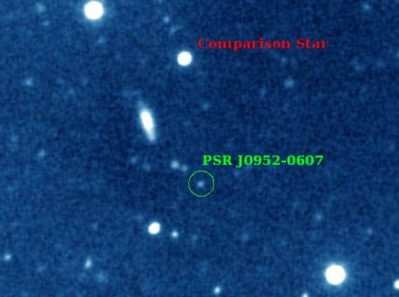 Estrela de nêutrons PSR J0952-0607, a mais massiva já observada. Imagem: Observatório W.M. Keck / Roger W. Romani / Alex Filippenko