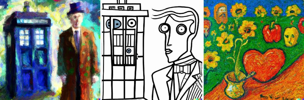 Doctor Who e TARDIS nos estilos Monet e em Picasso, e Sgt. Peppers no estilo Van Gogh