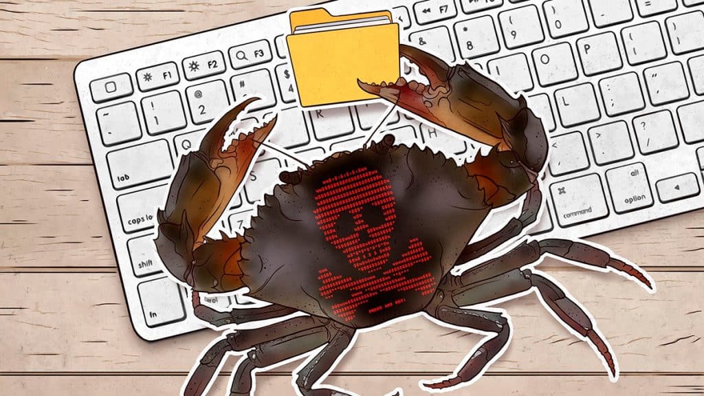 Montagem com carangueijo segurando pasta de arquivo em cima de teclado de computador