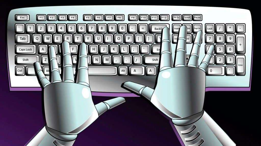 Par de mãos robóticas sobre teclado
