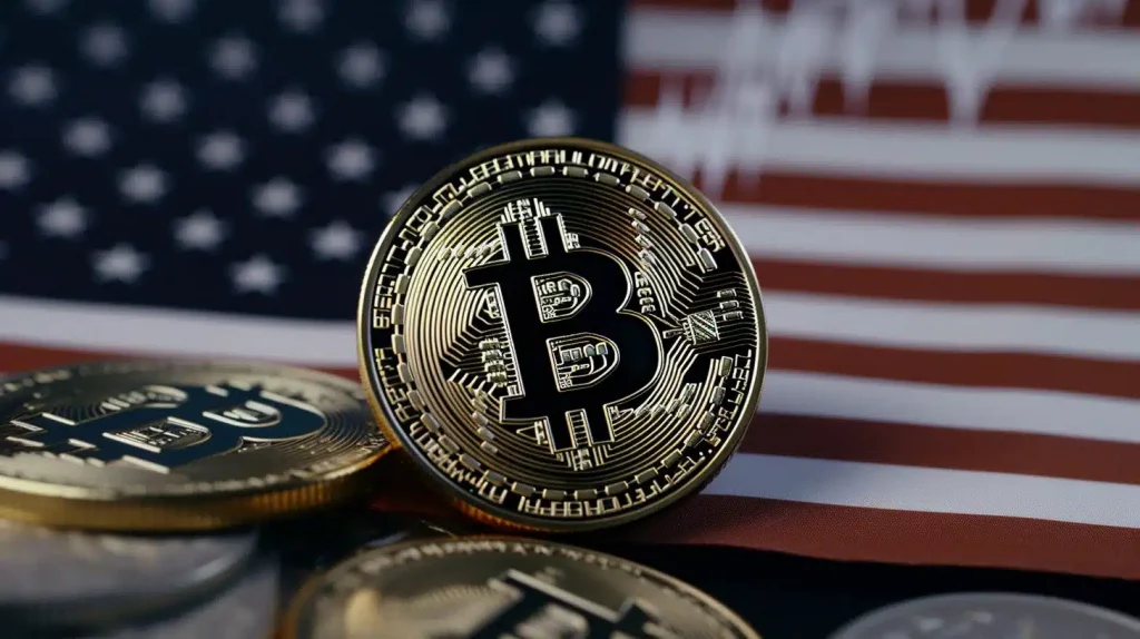 Moedas de bitcoin em frente bandeira dos EUA