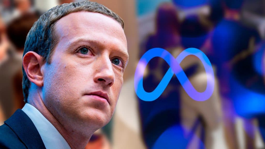 Mark Zuckerberg com logomarca da Meta ao fundo