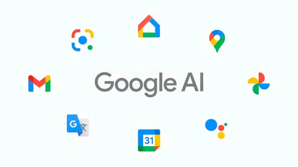 Logomarca do Google AI rodeada pelos ícones do aplicativos do Google