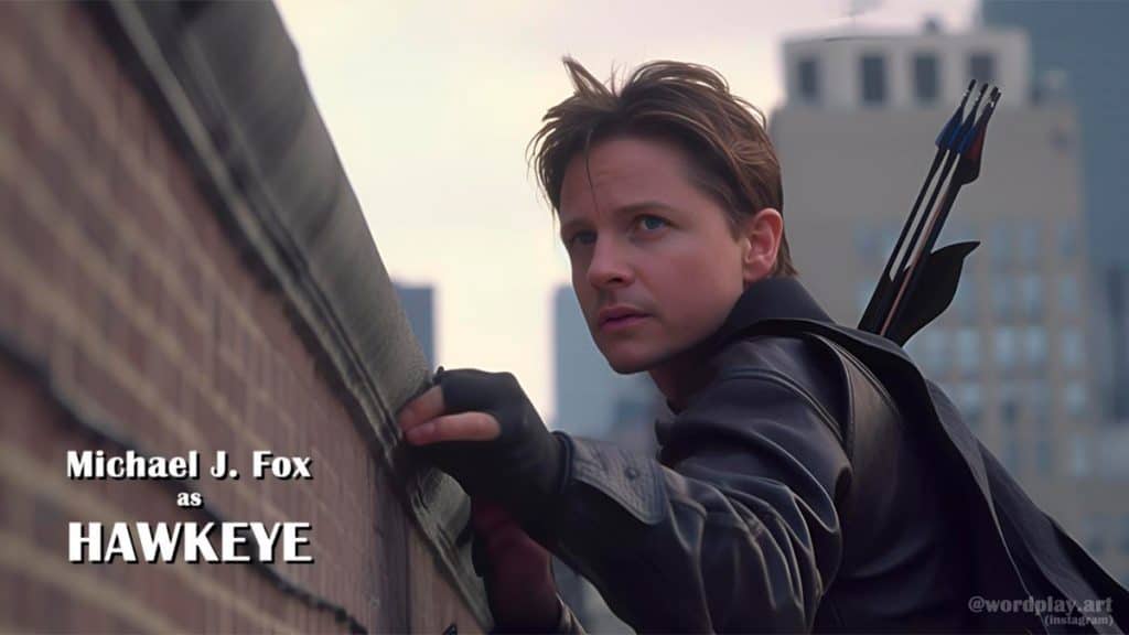 Michael J. Fox no papel de Gavião Arqueiro nos Vingadores dos anos 90