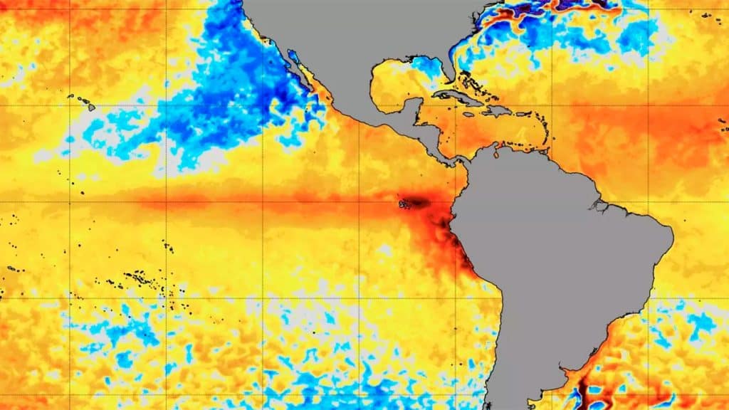 Mapa das Américas com fenômeno climático El Niño destacado nos oceanos
