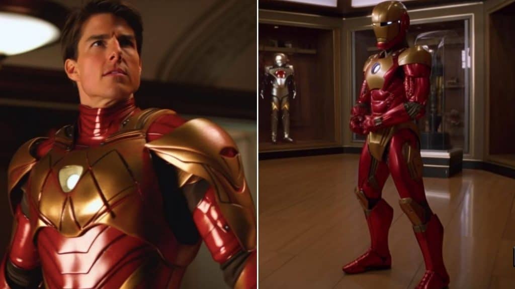 Montagem com imagens do Tom Cruise como Homem de Ferro nos Vingadores dos anos 90