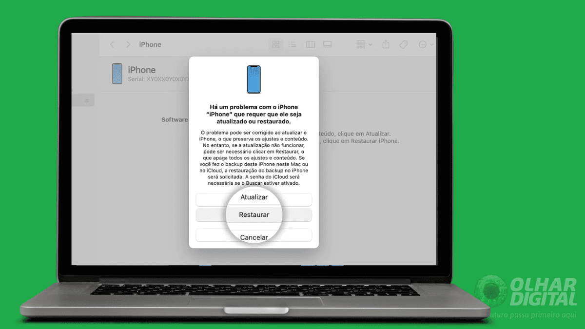 Imagem mostrando a tela de formatação do Iphone pelo Mac