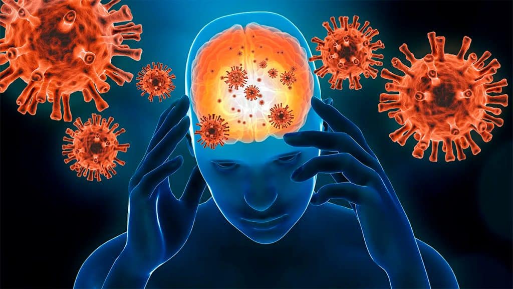Ilustração de moléculas do vírus da Covid-19 afetando o cérebro de uma pessoa