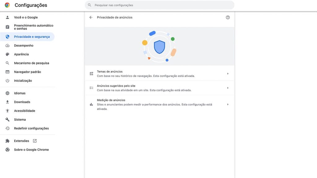 Captura de tela da página sobre privacidade de anúncios no Google Chrome