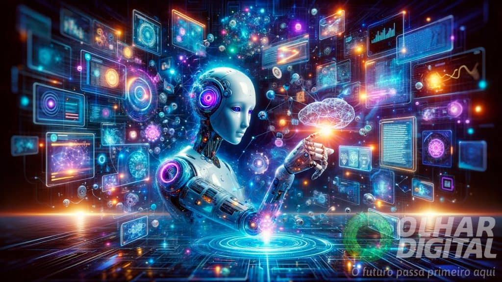 Ilustração de robô humanoide interagindo com diversas formas de conteúdo em holograma para representar conceito de inteligência artificial
