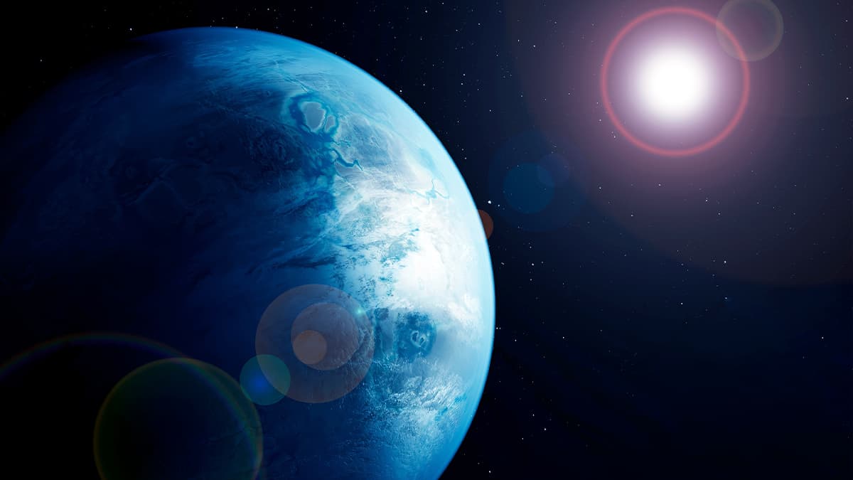 Ilustração digital de exoplaneta com estrela ao longe semelhante ao Sol